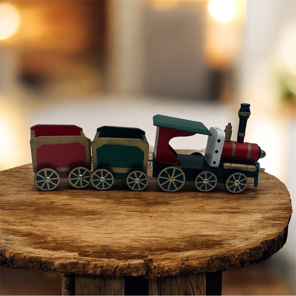Vintage wooden train toy or Christmas decoration 16" long rolling wheels 3 piece